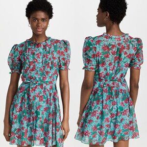 NWT Saloni Penny Floral-Print Shirt Ruffle Puff Sleeve Blue Mini Dress Size: 4